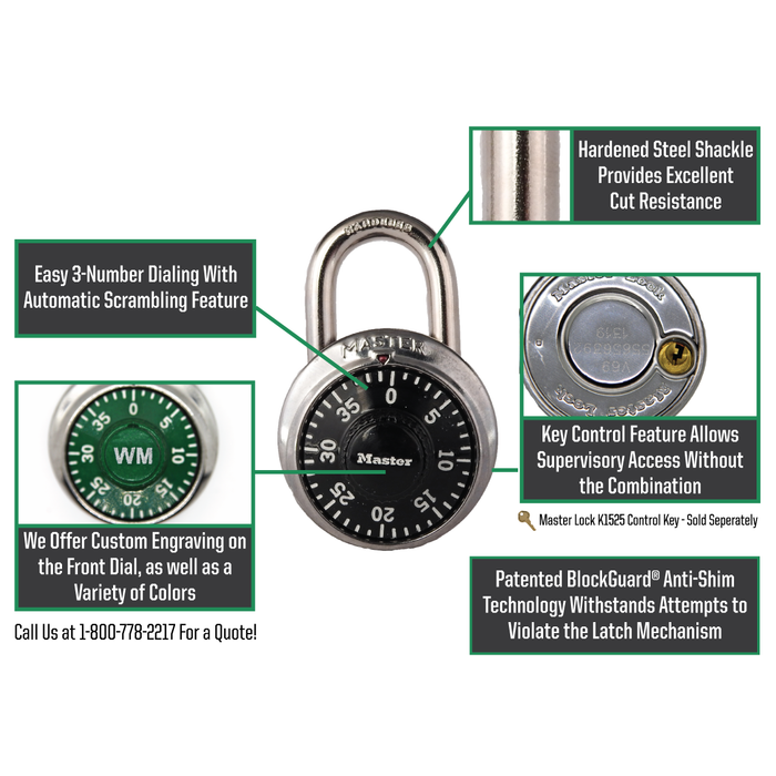 Master Lock 1525 General Security Combination Padlock with Key Control Feature and Colored Dial 1-7/8in (48mm) Wide-1525-Master Lock-KeyedAlike.com
