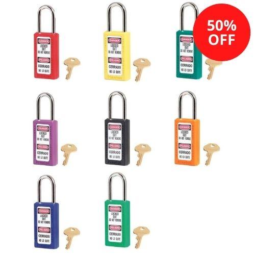 Master Lock 411AST Multicolored 8-Pack of Zenex™ Thermoplastic Safety Padlock, 1-1/2in (38mm) Wide with 1-1/2in (38mm) Tall Shackle-Keyed-Master Lock-411AST-KeyedAlike.com