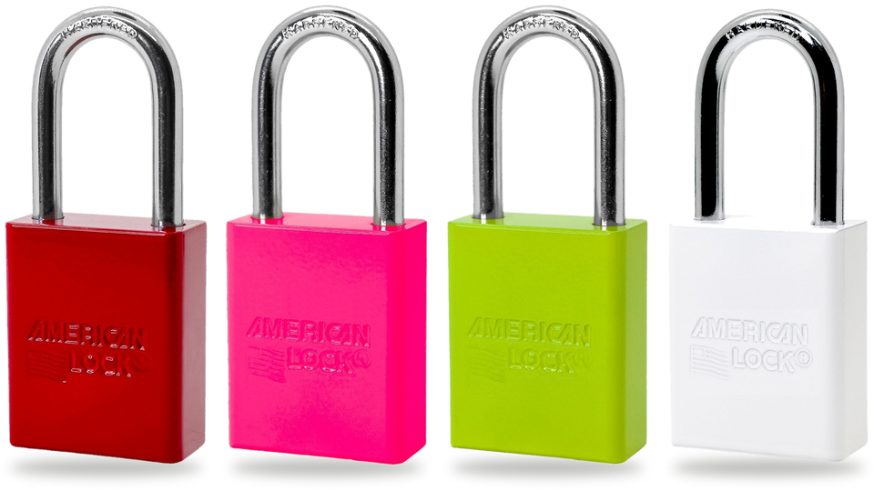 Four American Lock aluminum padlocks side by side: red, neon pink, keylime and white.