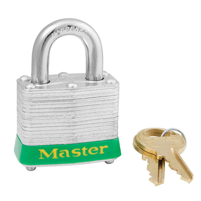 Master Lock 3 Laminated Steel Padlock 1-9/16in (40mm) Wide-Keyed-Master Lock-Green-Keyed Alike-3KAGRN-MasterLocks.com